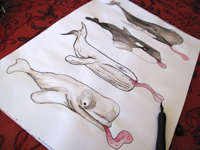 Whales Dribble animals big book characters drawing ink paint process sea tongue watercolour whales