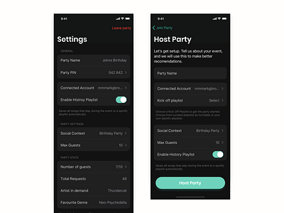 Settings Page for Social Music app