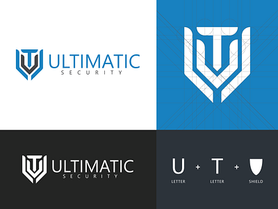 Ultimatic Security - Logo Design blue branding creative design grey icon logo monogram security shield t u ultimate