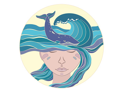 Whale In Her Head ai blue circle cosmozzo emotions feelings flat illustration illustration lines logo mood ocean pattern purple sea she vector wawes whale yellow