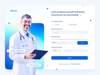 +Medic | Covid-19 Vaccination Registration Page appointment booking booking web dashboard doctor form gradient health health app health care health web hero section home screen landing page medical register registration sign up vaccine website
