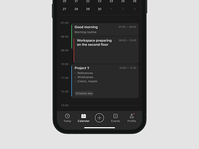 Schedule App app application calendar clean dark ios iphone management minimalistic mobile mockup productivity schedule tabbar ui ux