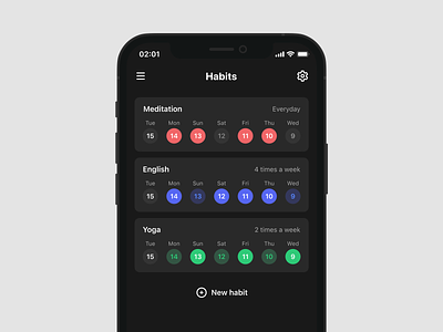 Habit tracker App app calendar clean dark habit ios mockup productivity tracker ui ux