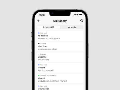 English word learning App app clean dictionary ios iphone light list mobile mockup ui ux vocabulary words