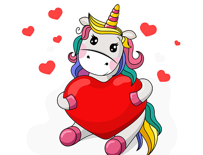 Cute unicorn holding a red heart вектор единорог красное сердце цветной единорог