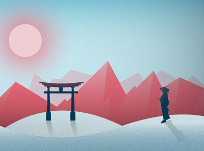 Hermit Mode hermit illustration mountains pink samurai snow sun vector winter