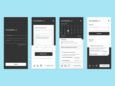 Wireframes for productivity app app calendar design greyscale login mobile productivity search tasks ui uidesign ux uxdesign