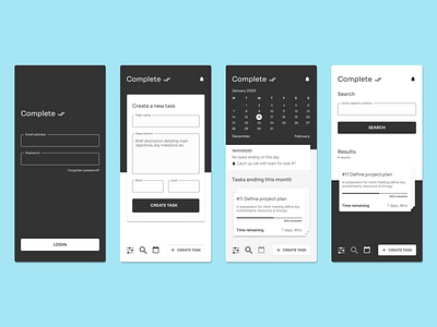 Wireframes for productivity app