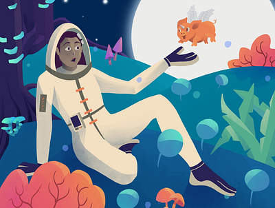 Encounter cosmonaut forest girl character glow illustration magic mushrooms pig procreate procreate art sci fi