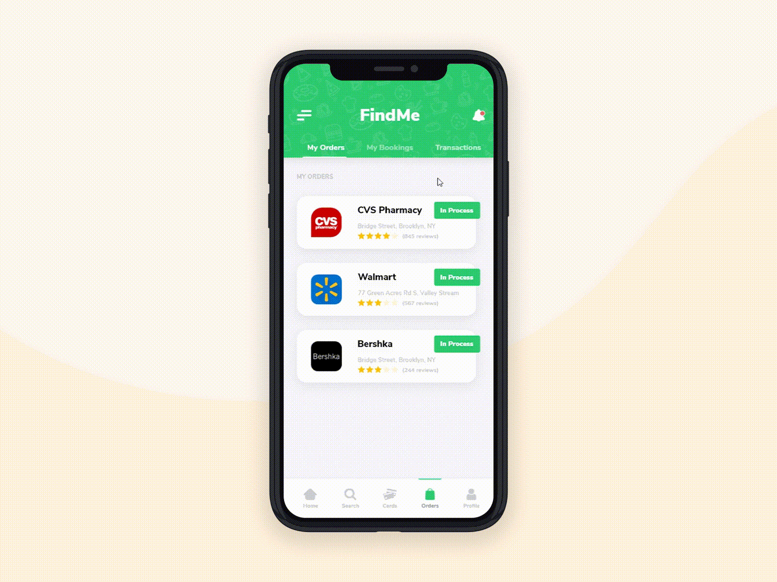 FindMe Order Interaction app clean clean ui creative dailyui design ecommerce flat flat illustration gif gree icon mobile order payment purchase shopping uiux userexperience userinterfaces
