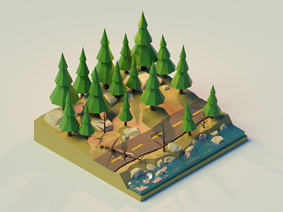 Forest Road at Sunset 3d blender blender3d blender3dart isometric isometry low poly low poly art orthographic