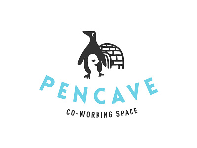 Pencave Logo cave co working igloo logo man office pen penguin person smile space work