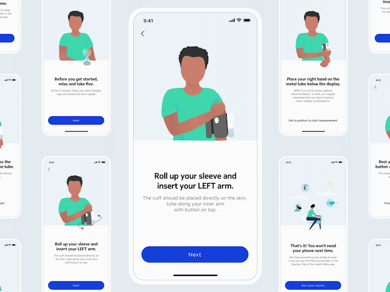 Withings BPM Core · Tutorial in Health Mate ℹ️ animation app blood pressure ecg health healthcare illustration onboarding position tutorial ux walkthrough