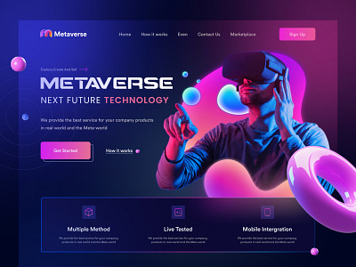 Metaverse Landing Page Hero Concept blockchain colorful cryptonews dark explore header landing page meta metaverse metaverse landing page nftcollector space trendy ui uidesign uiux uiux design virtualreality webdesign world