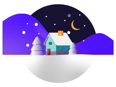 House on a winter night with a month in the sky