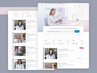 Finding Doctor Landing Page clean ui clinic doctor app doctor appointment filters health app health care hospital landing page list medical app nearby order search box web ui design web ui ux