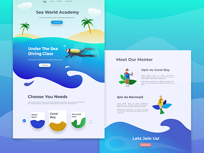 Exploration - Sea World Academy app beach blue branding bright color coral design fiction flat fun mermaid parody sea swim ui upin ux vector water