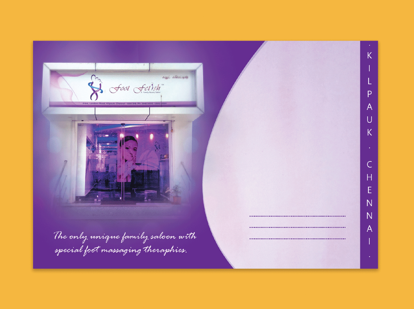 Creative Postcard adobe cmyk creative design foot spa illustrator laandscape pantone postcard design print purple spa unique style