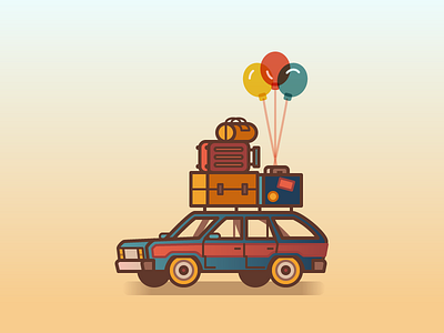 Vacay balloons illustration luggage station wagon summer vacation
