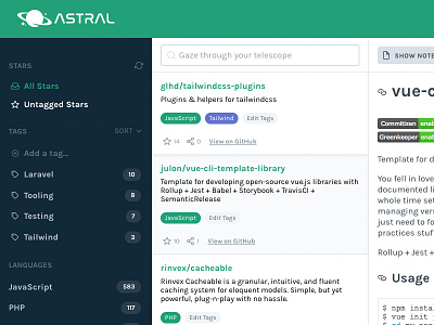 Astral UI Refresh dashboard github sidebar stars tags ui web