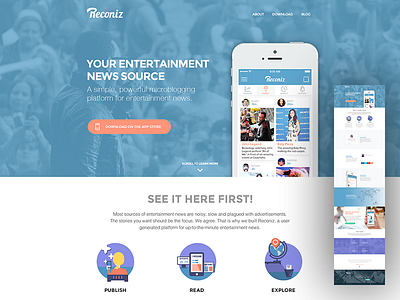 Reconiz Landing clean entertainment flat icons illustrations landing page minimal news product page reconiz web website