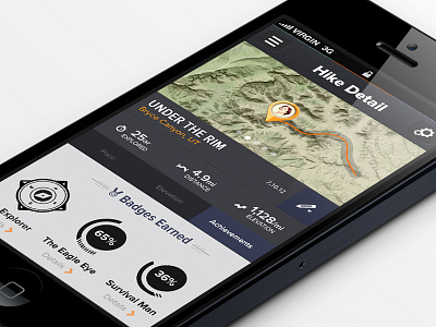 Gaia Hiking App achievements badges bold clean clean design graphics graphs hiking icon icons interface iphone iphone 5 map map detail maps outdoor profile stats trail ui ux