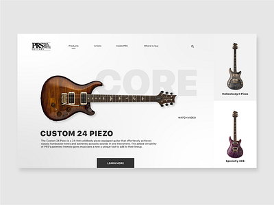 PRS Guitar Product Page Concept branding clean concept concepts design desktop desktop design flat grey guitar identity illustrator minimal music ui ux web web design website white