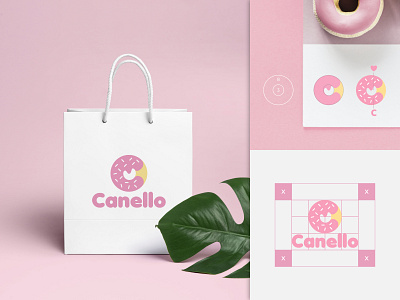 Canello brand donut food grid identity illustration initial logo logo designer minimalist pink