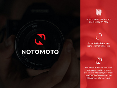 Notomoto arrow brand branding initial letter lettermark logo logo designer mark minimalist monogram photographer photography recycle red refresh symbol vendor