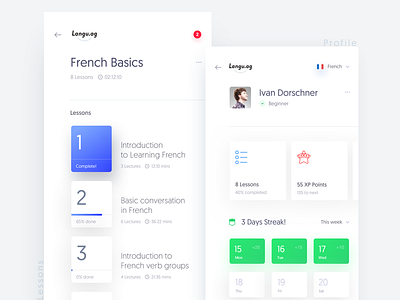 Language Learning App app cards clean french language learn lessons minimal profile progress ui ux