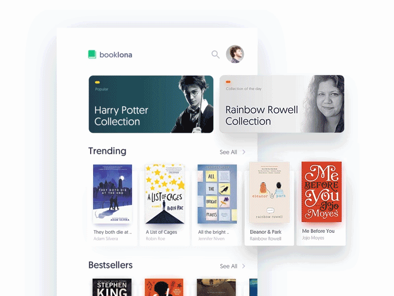 booklona: Book App Concept animation app book book store browse book gif interaction library minimal reading ui ux