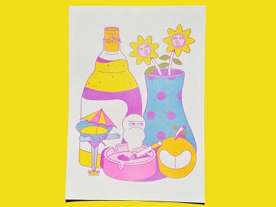 Still life - Risograph alcohol ashtray character character design cigarette cocktail color flowers illustration orange print design printmaking risograph smoke stilllife vase wine