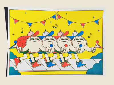 Drums - Risograph art blue character character design color creative design drums drumstick drumsticks flags illustration illustrator parade red riso risograph risography risoprint yellow
