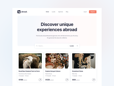 Abroad. Travel Agency – Website agency cards discover experience first screen homepage landing promo search startpage tourism travel travel agency travel app travelling ui vacation website