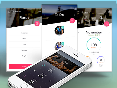 Fitplus+ application calendar design fitness health interface