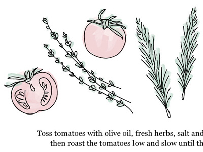 Sous Chef Series tomato recipe illustration cooking digital food herbs illustration line drawing recipe sous chef series tasting table thyme tomato watercolor