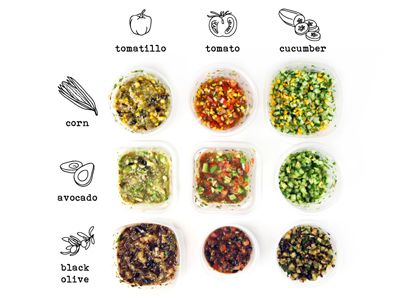 Salsa Matrix avocado corn cucumber food illustration line olive tasting table tomatillo tomato