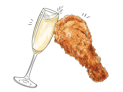 cheers. bubbly champagne drawing drumstick food fried chicken illustration tasting table