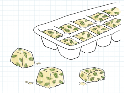 freeze your herbs, kids. drawing food hack herbs ice cubes illustration olive oil sketch tasting table tip