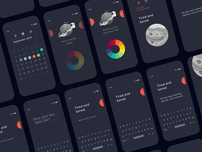 Mood tracker app - 3 app calendar colour picker dark ui design habit tracker minimalistic mobile mobile app mood planet space splitdevelopment tracker ui ux