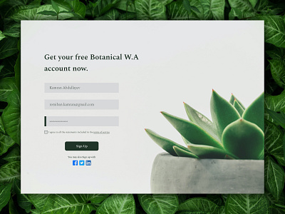 Daily UI :: 001 | Sign Up Page 001 botanical challenge dailyui dailyui001 dailyuichallenge design designchallenge green login page page design sign up signup signup page ui uidesign userinterface ux web webdesign