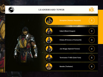 Daily UI :: 019 Leaderboard 019 challenge daily ui dailychallenge dailyui dailyui019 dailyuichallenge design designchallenge first kombat leaderboard leaderboarddesign mk11 mortal kombat mortalkombat scorpion ui019 uidesign uiux