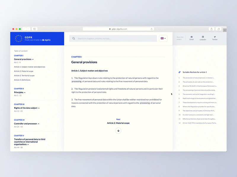 GDPR made searchable by Algolia data document gdpr layout legal search