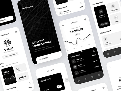 INFIBANK: Banking app app bank banking black card coverage detail finance fintech graph insurance list merchant monochrome payments sign statistics stats top up transaction