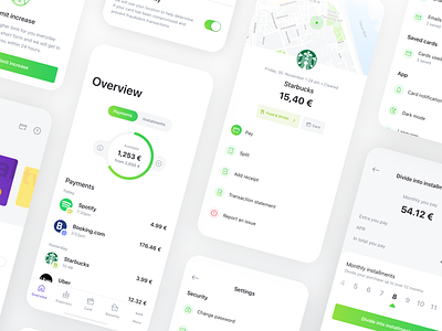 Twisto: Mobile App amount app bank bank card category chart detail divide finance fintech graph green installments instalments map mobile payment settings toggle transaction