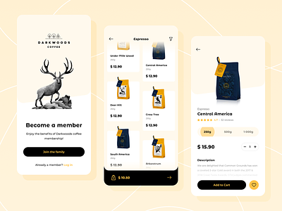 Darkwoods Coffee: Shopping App add app cart category coffee detail e-shop ecommerce eshop espresso favorite favourite list product quantity rating shop shopping sign yellow