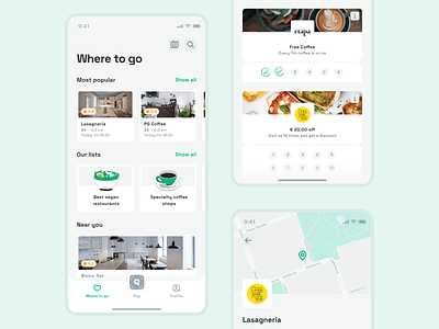 Qerko: Where to go & Loyalty app cards detail fintech hospitality illustrations inspiration ios list loyalty map mobile pay program restaurants reward search stamps thumbnails tips