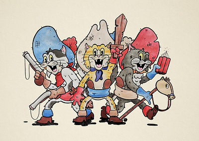 Los 3 Banditos animal cartoon character design color gouache painting retro watercolor