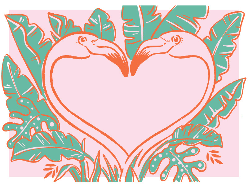 vacay lovers illustration heart love rainforest tropical flamingo