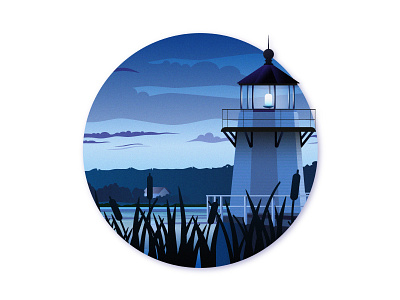 Lighthouse at Dawn - Landscape blue dawn digital illustration flat flat design flatdesign gradients grit illustration lake landscape lighthouse product design vector vector illustration